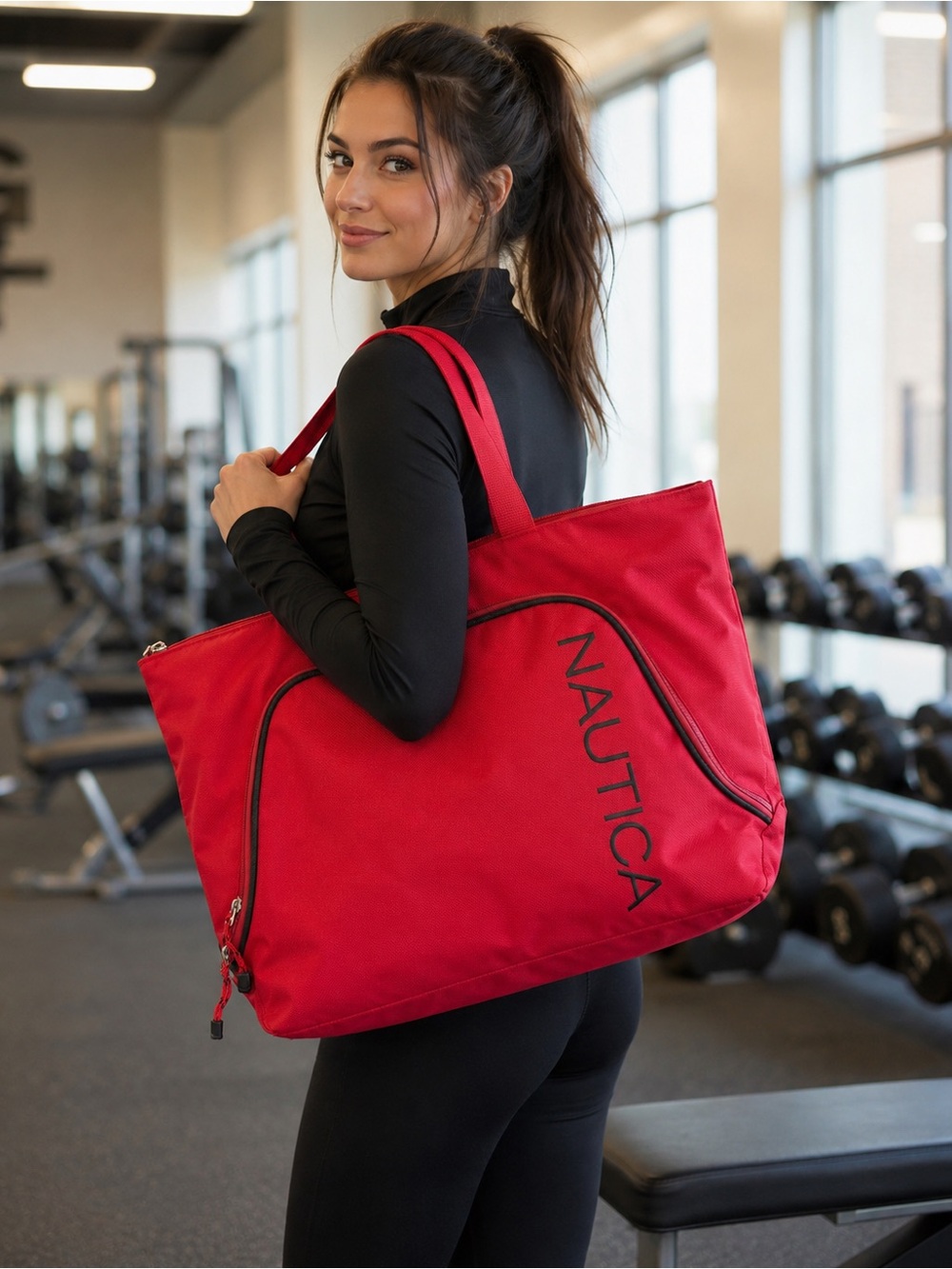 Nautica Red Canvas Tote with Diagonal Logo
